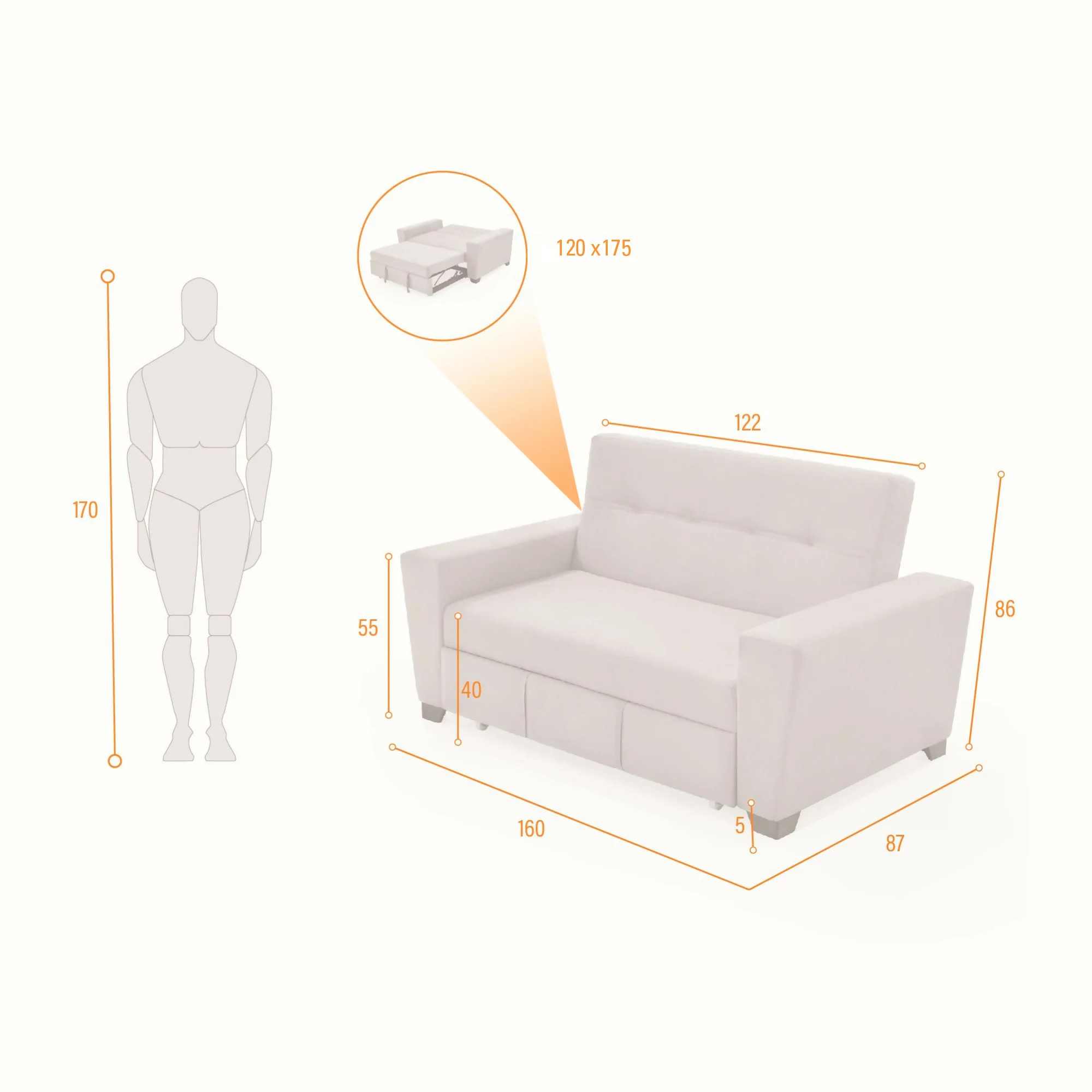 SOFA CAMA 2 PUESTOS HAMBURGO 160X87X86 TELA PLATA - Image 8