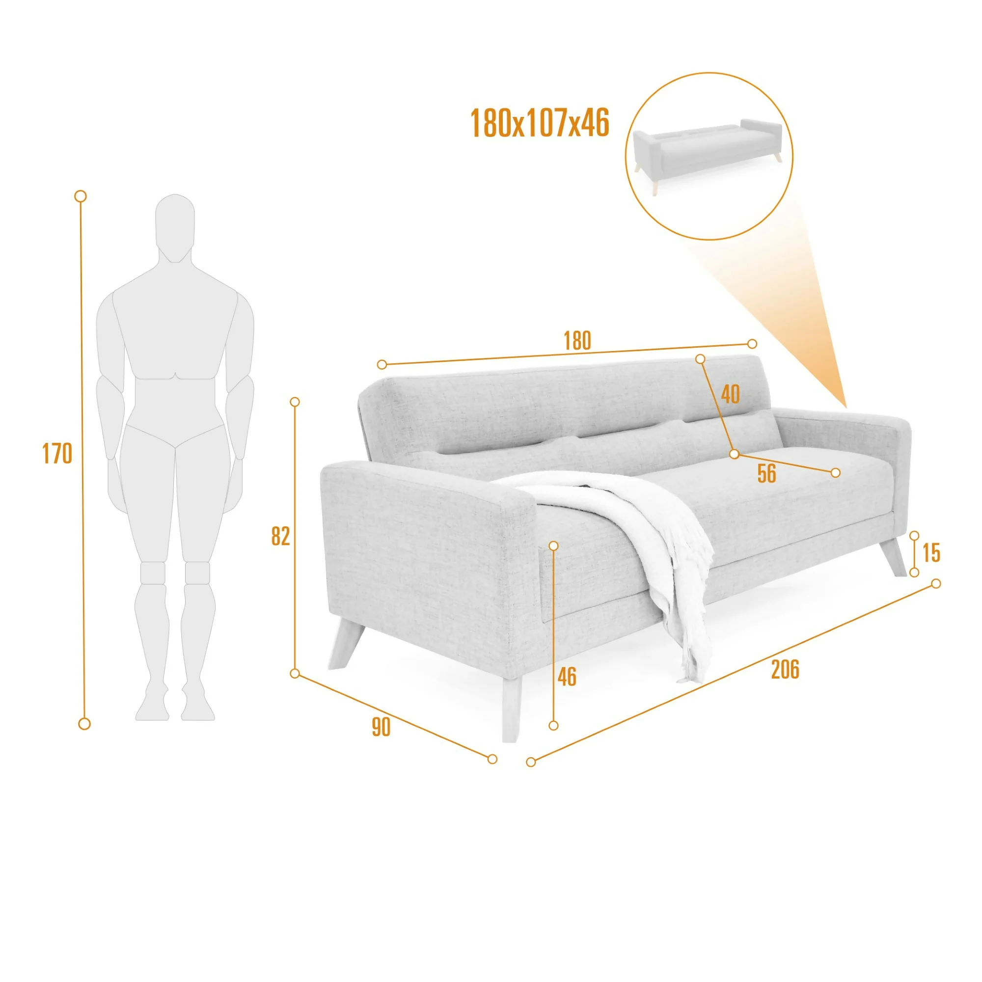 SOFA CAMA 3 POSICIONES SION 206X90X82 TELA PLATA - Image 8