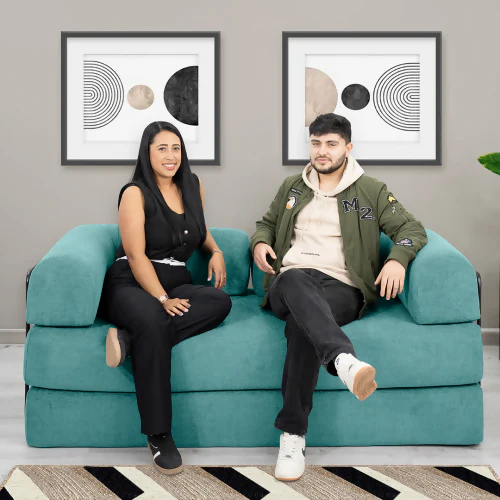 SOFÁ CAMA MIAMI ENROLLADO Y COMPRIMIDO COLOR TURQUESA