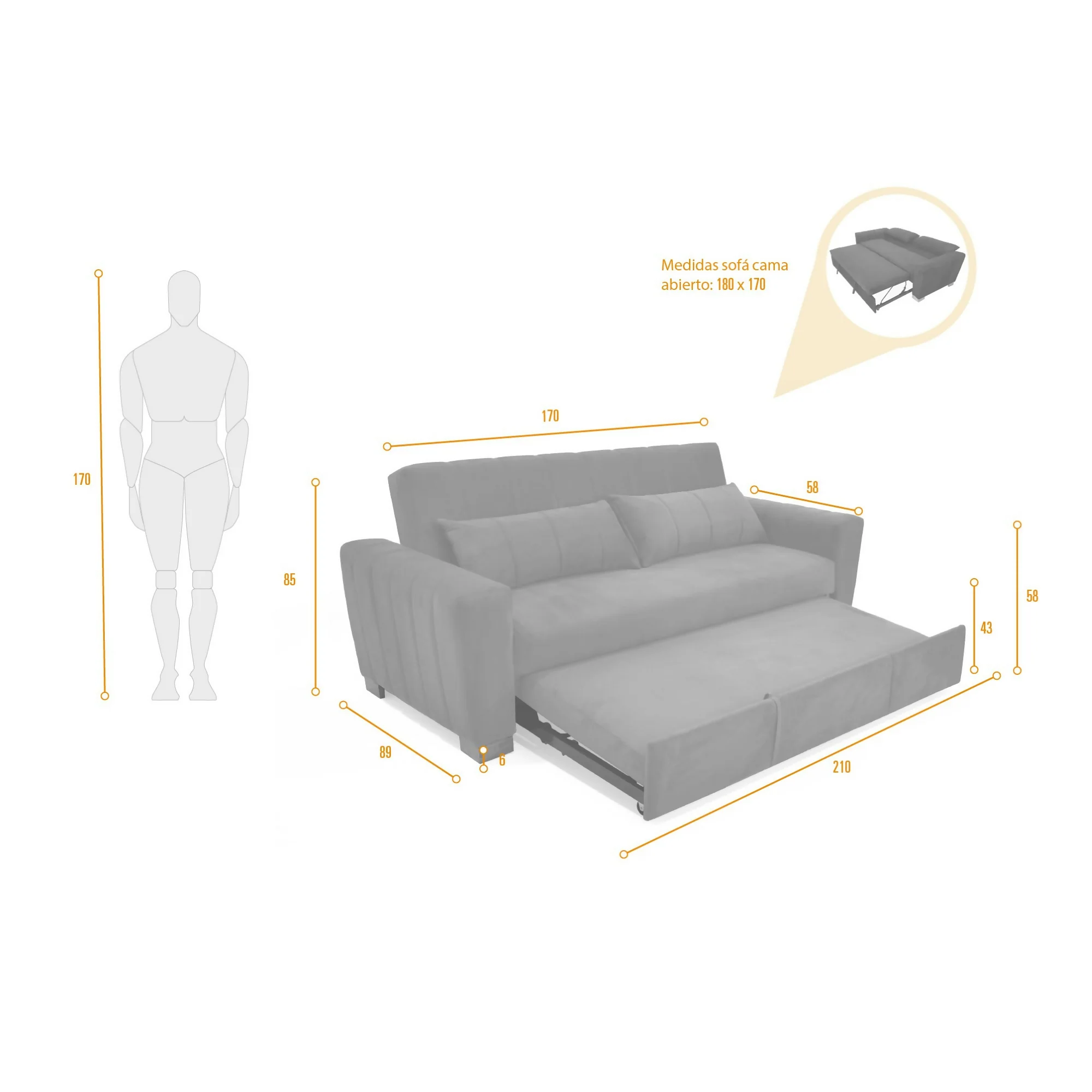 SOFA CAMA RECLINABLE HANNOVER 210X89X85 TELA NEGRO - Image 8