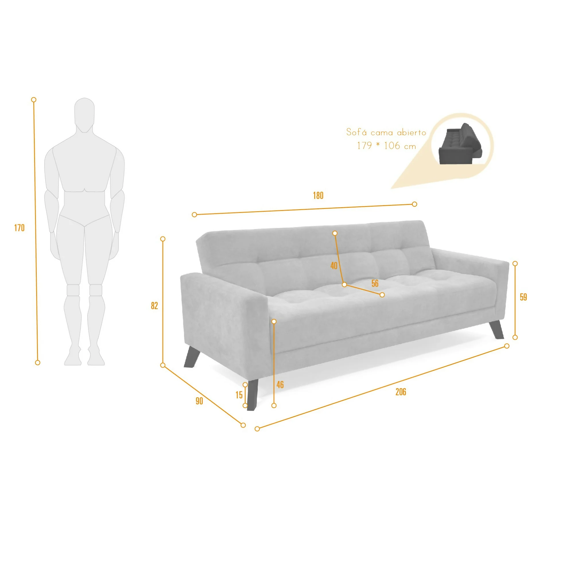 SOFA CAMA RECLINABLE SAHARA 206X90X82 TELA PLATA - Image 8