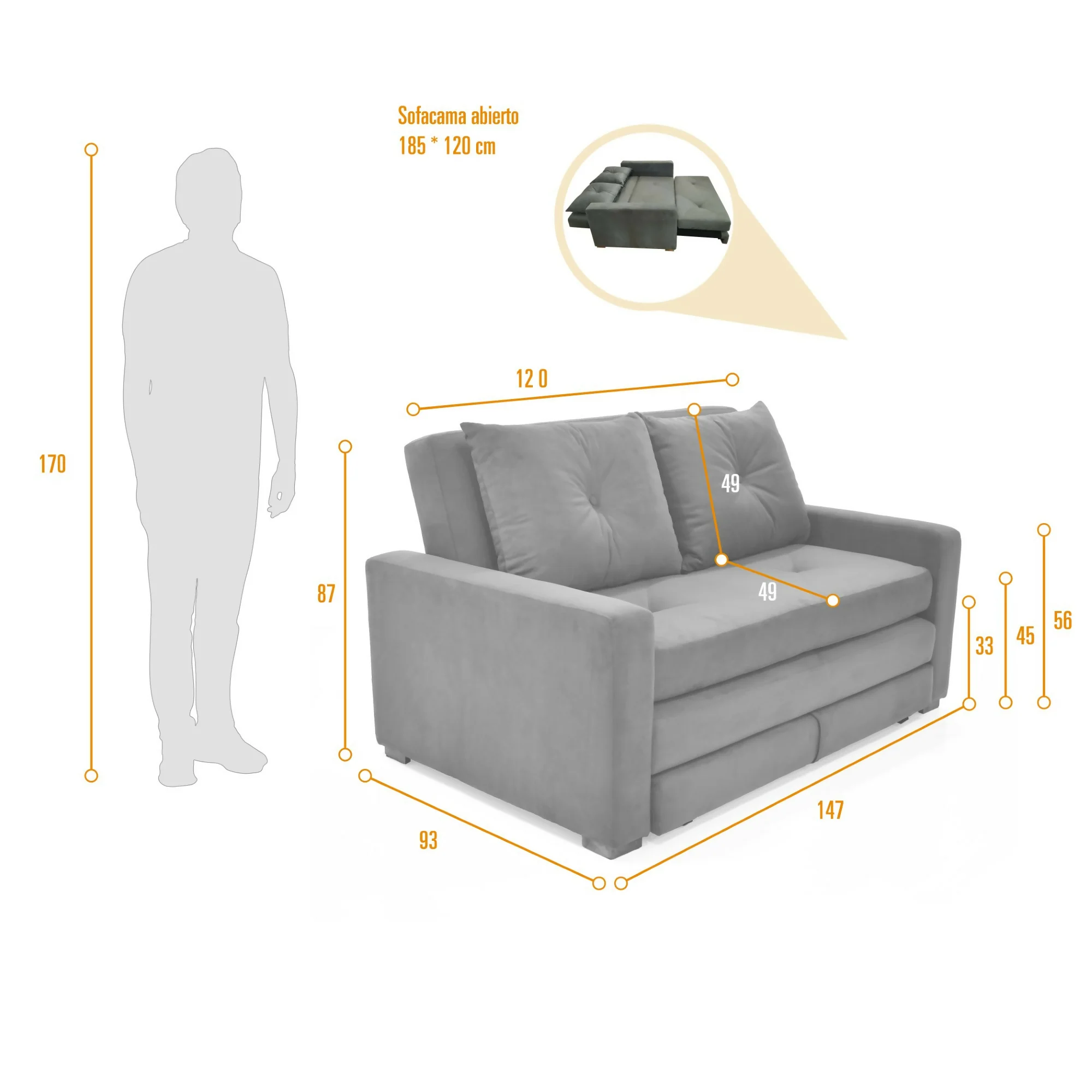 SOFA CAMA RECLINABLE TORINO 147X93X87 TELA GRIS - Image 8